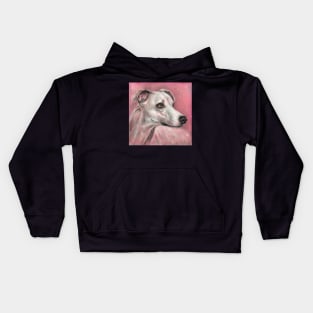 Painting of a Whippet Hound Dog on Grungy Pink Background Kids Hoodie